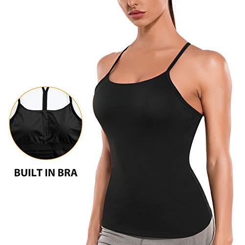 Reyeogo Workout Tops For Women Spaghetti Strap Tank Top With Built In Bra Yoga Camisole (Medium, Black) #TOP2