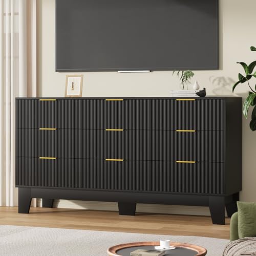 Image of Garvee 9 Drawer Dresser for Bedroom, 59 inch Wide Fluted Chest of Drawers with Metal Handle, Modern Wooden Dresser TV Stand, Clothes Storage Organizer Wood Closet for Hallway, Entryway, Black