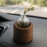 WAYUTO Car Flower Vase, Mini Self-Adhesive Glass Dashboard Vase with Walnut Wood Stand for Dried Flowers, Small Artificial Plants, Home and Office Decor