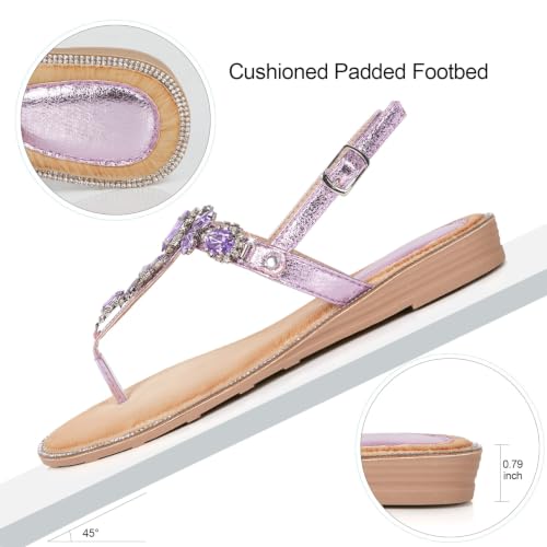 Image of iCKER Womens Rhinestone T‑Strap Flat Sandals Adjustable Ankle Strap Jeweled | for Dress,Vacation,Wedding,Party Evening and Formal Special Occasions
