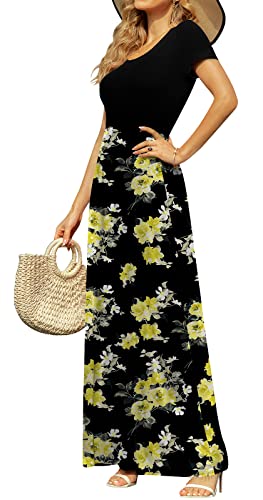 Image of DB MOON Womens Casual Maxi Dresses Short Sleeve Empire Waist Long Dress for Beach with Pockets(Yellow Floral Black, L)
