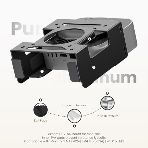 Fasgear Czysty aluminiowy uchwyt metalowy VESA do Mac-mini M4 2024, uchwyt do montowania monitorów pod biurkiem z funkcją antykradzieżową, uchwyt ścienny VESA kompatybilny z Mac-mini M4 Pro 2024