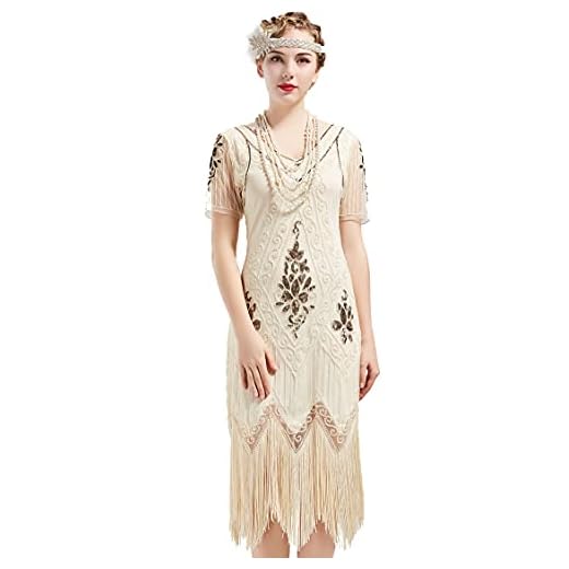 BABEYOND 1920-tals klänning damer charlestonklänning med kort ärm Gatsby temafest damer kostym klänning, Vit, XS