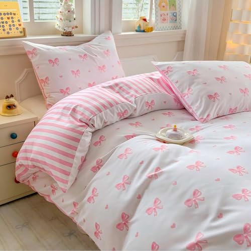 Freyamy Bettwäsche 220x240 Rosa Schleifen Herzen Gestreifte Bettwäsche Set – Ansicht 2