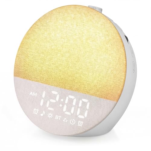 Geuuap Reloj despertador de amanecer con máquina de ruido blanco, luz natural para despertar para dormitorio con 30 ayudas relajantes para dormir, altavoz Bluetooth, reloj regulable, diseño sin