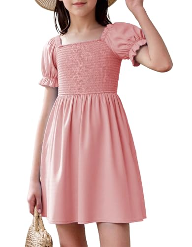 JiAmy Girls Dresses Puff Short Sleeve Summer Smocked High Low Swing Midi A Line Party Dress Pink 11-12 Years