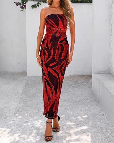 BTFBM Women's Floral Maxi Dresses Summer 2025 Strapless Tube Bodycon Mesh Layered Cocktail Party Wedding Guest Dress