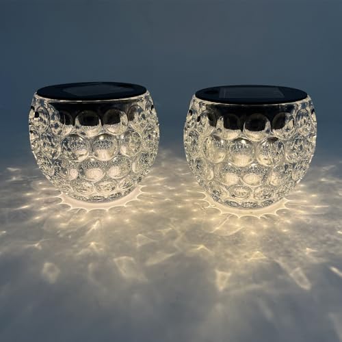 WRQIOO Lot de 2 lampes solaires pour table extérieure, lampe de table solaire d'extérieur en verre, lampe de table solaire d'extérieur étanche IP44, blanc...