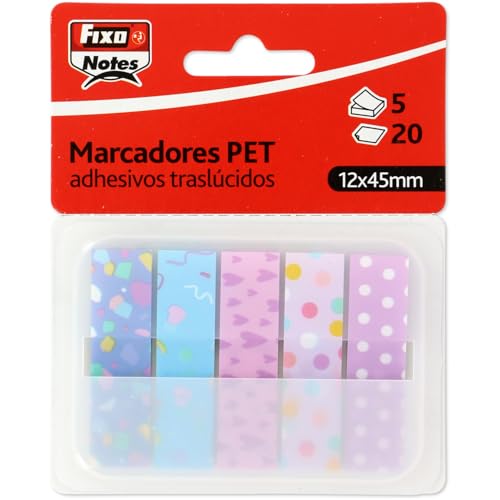 Fixo Notes | Marcadores autocolantes para festa PET, 5 desenhos pastel, inclui um dispensador de 12 x 45 mm, blocos de 20 folhas, permitem escrita, reposicionáveis, resistente à água, material escolar
