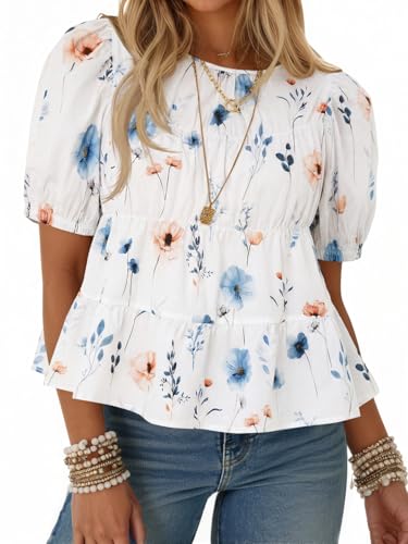 Image of Tankaneo Womens Puff Sleeve Peplum Babydoll Tops Summer Flowy Pleated Cotton T-Shirts Casual Loose Fit Cute Blouse
