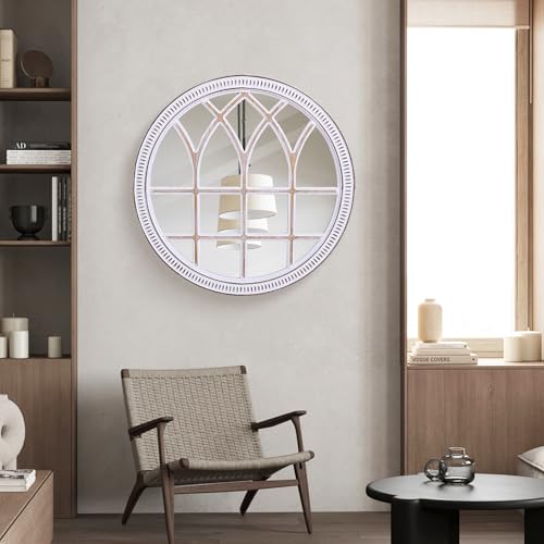 Image of 30 Inch Round Wood Window Mirror, Farmhouse Windowpane Wall Mirrors Circle | Rustic Charm, Ideal for Entryway, Living Room, Bedroom, and Fireplace Mantel Decor