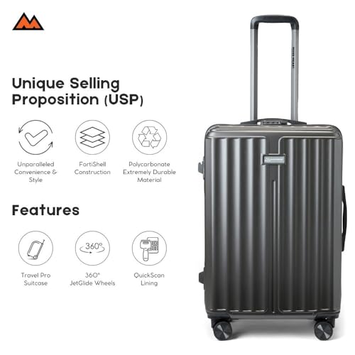 Image of MOVE-MEANT ROAMIFY Medium Cabin Suitcase 66 CM 8 Wheels Number Lock Poly Carbonate Dark Grey Trolley Bag for Men & Women | 360 Degree Wheeling System Luggage | Trolley Bags for Travel