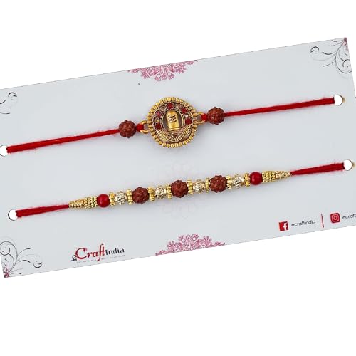 Image of eCraftIndia Set of 2 Shivalinga Rudraksha Religious Rakhis for Brothers with Best Bro Ever Fridge Magnet and Roli Chawal Pack