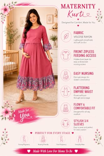 Image of RITIJYA Zipless Feeding Kurta Dress for Women | Maternity Nursing Kurti, No-Zip Easy Access | Extra Pleats Pre to Post Pregnancy | Quick-Dry Fabric | S-4XL