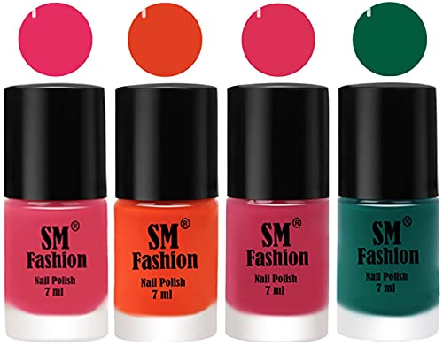 Image of Nail Polish Combo Set (Pack of 4) Quick Dry Gel Finish Nail Paint | Dark Rose Pink,Reddish Orange,Dusty Pink,Green | 7 ml Each
