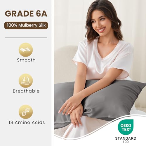 Image of THXSILK 100% Pure Mulberry Silk Pillowcase for Hair and Skin, 25 Momme 6A+ Grade Pure Silk Pillow Case Standard Size, Real Silk Pillowcase with Concealed Zipper(Grey, Standard)