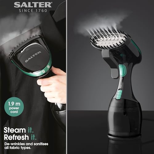 Salter SAL0932 Portable Clothes Steamer, Handheld Garment And Upholstery Crease Remover, Great for Steaming, Refreshing and Sanitising Fabric Types, 1500 W, Black and Green