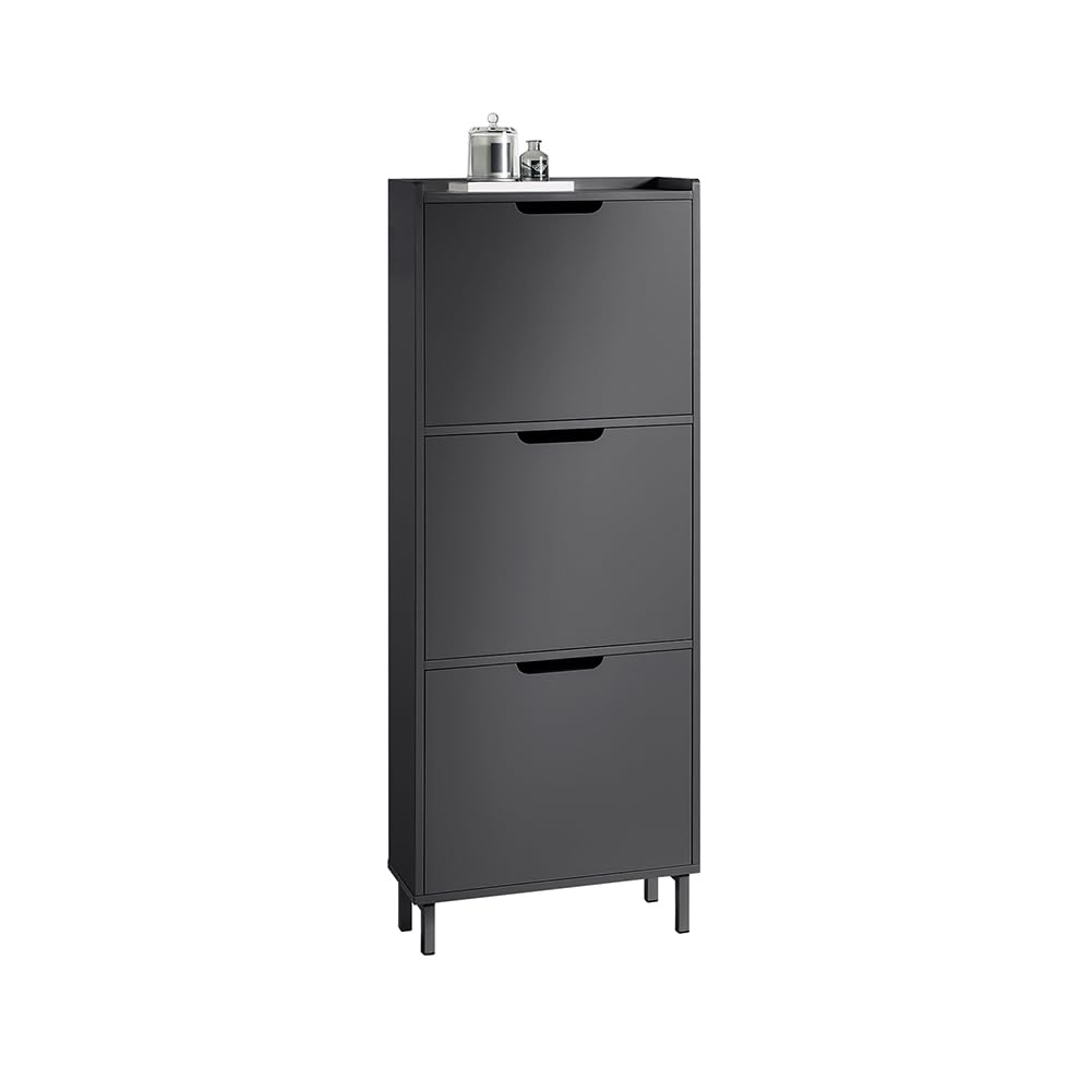 SoBuy Schuhschrank Schmal mit 3 Klappen platzsparender Schuhkipper Schmal Hoch Kommode mit 3 Ablagen Schuhregal geschlossen Flurschrank für Diele, Flur, Garderobe 50x129x19cm Schwarz FSR151-H-SCH