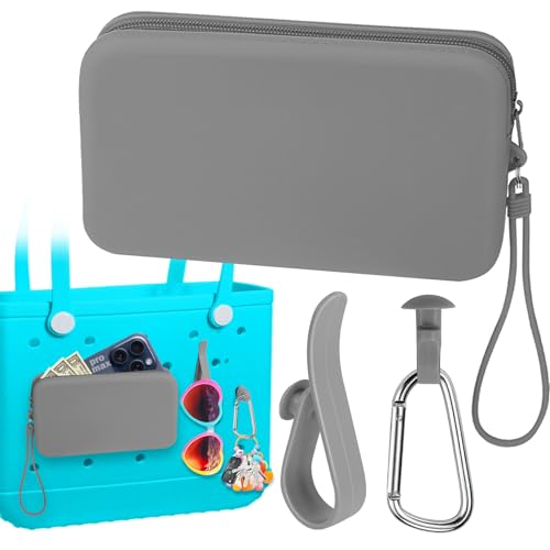 Image of Mity rain Silicone Wallet for Bogg Bag Phone Holder, Accessories Set for Bogg Bag Contain 2PCS Key Holder and a Large Capacity Silicone Zipper Bag for Beach Bags Tote Bag (Dark Gray)