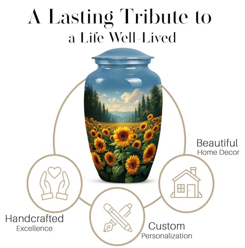 Image of Sunflower Flower Urns for Human Remains - Blue Funeral Urns for Adult Ashes Women - Yellow Sunflower Urn for Human Ashes Adult Male - Large Decorative Urn for Mom and Dad 10inch