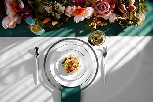 Disposable Plastic White Plates Combo | 50 7.5 In. Silver Rim Appetizer/Dessert Plastic Plates And 50 10 In. Silver Rim Plastic Dinner Plates | Heavy Duty Plates For Wedding, Parties Or Catering #TOP3