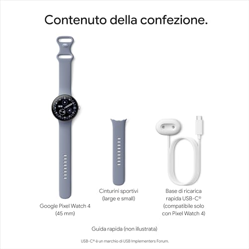 Google Pixel Watch 4 (45 mm) - Smartwatch Android con tracker per fitness e benessere, e assistente virtuale Gemini - Cassa in alluminio grigio argento - Cinturino sportivo grigio argento - LTE - Vista 12