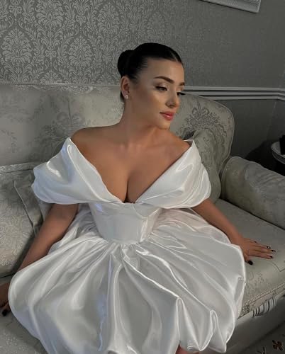 ALFEICE Off The Shoulder Short Wedding Dresses for Bride Pufffy Satin Bridal Dresses w/Pockets Strapless Formal Ball Gowns4
