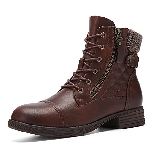 gracosy Leather Ankle Boots, Snow Boots Waterproof Short Boots for Women Mid Calf Boots Comfort Shoes Ladies Winter Boots Side Zipper Low Heel Lace Up Booties Brown 8