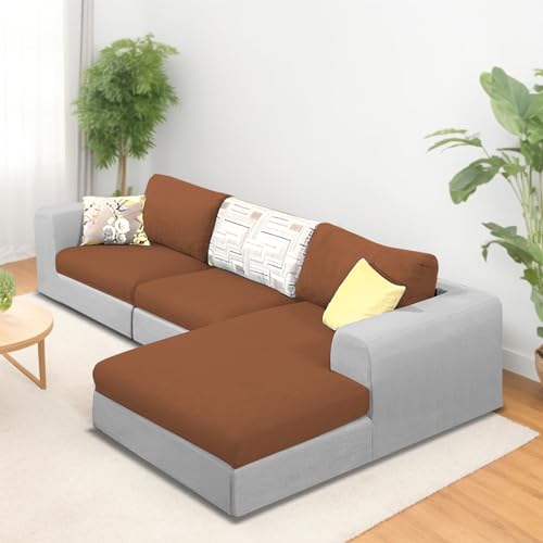 Image of Koza Yellow 4 Seater L Shape Sofa Set for Living Room (Brown Grey Fabric) Premium Fabric Sofa