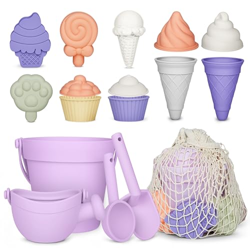 Image of MarcZero 17Pcs Silicone Beach Toys,Modern Baby Beach Toys,Travel Friendly Beach Set,Silicone Bucket, Watering Can, Shovel, 12 Sand Molds, Beach Bag,Silicone Sand Toys for Toddlers, Kids (Purple)