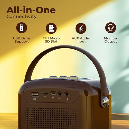 Image of iGear Classic Retro Bluetooth Speaker with Wireless Mic | 50W Powerful Sound, 2500mAh Battery, Bluetooth 5.3, MP3 Player, AUX | Portable Karaoke Speaker for Home, Parties (Brown)
