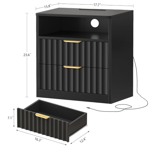 Image of TEENFON Fluted Nightstands Set of 2, Night Stand with Charging Station and LED Light, Nightstand with Storage Drawer and Open Shelf, Bedside Table for Small Space, Bedroom, Black