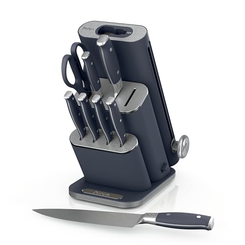 Ninja NeverDull 10-piece German steel knife set in Cyberspace finish — proves the removeable ceramic sharpening wheel on the block.