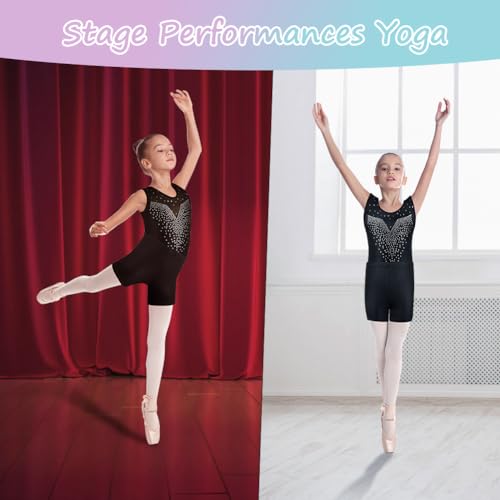 AOOWU Mädchen Dreiteilige Gymnastikanzüge, Gymnastikanzug Mädchen, Ärmelloser Gymnastikanzug mit Shorts und Haarband, Ballett Tanzender Leotard Gymnastik Outfit für Gymnastik, Wettkampf, Tanz（140）
