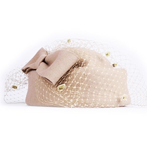 LEORX Lady Dress Fascinator Wool Felt Pillbox Hat with Bow and Veil (Light Tan)