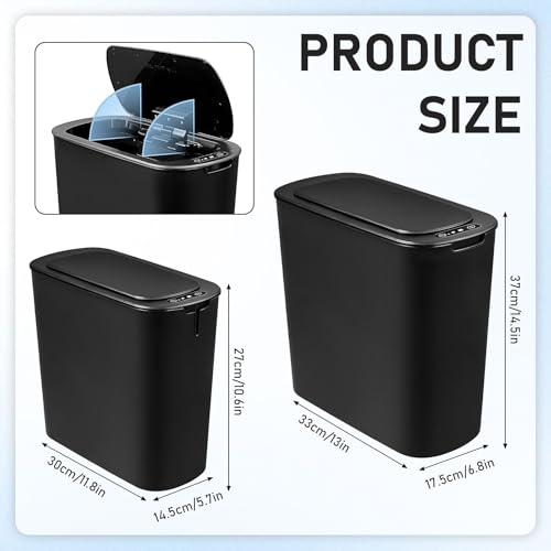 Image of 2 Pack Automatic Bathroom Trash Can 2.6 Gal & 6.1 Gal,Touchless Electric Garbage Can with Lid,Motion Sensor Smart Plastic Wastebasket,Slim Waterproof Trash Bin for Bedroom Office Kitchen (Black)