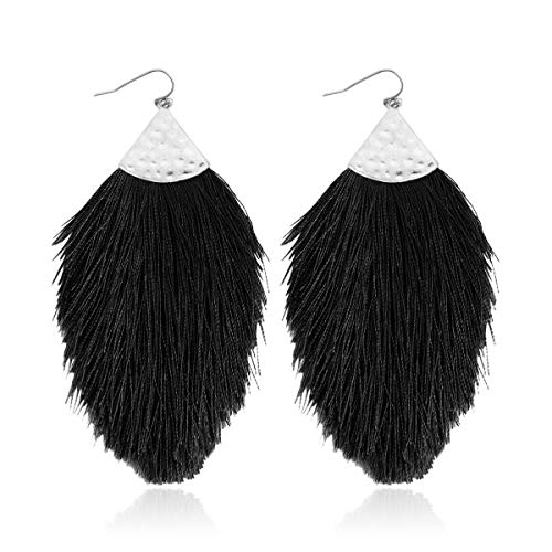 Bohemian Silky Thread Fan Fringe Tassel Statement Earrings - Lightweight Strand Feather Shape Dangles (Feather Fringe - Black Silver)