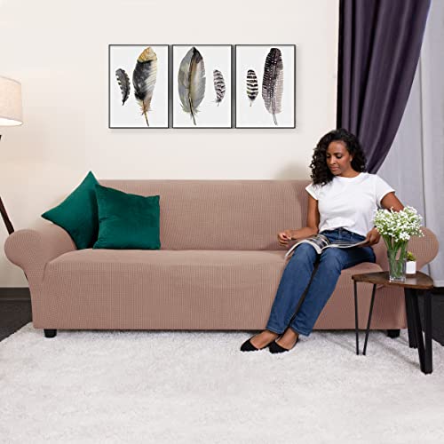 Chun Yi Stretch Sofa Slipcover 1-Piece Couch Cover，3 Seater Settee Coat Soft With Elastic Bottom, Checks Spandex Jacquard Fabric, Large, Camel #TOP1