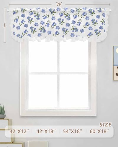 Blue Flower Windows Valance Curtain with Lace Ruffled, Seasonal Blooms Botany Plant Leaves Kitchen Living Room Bedroom Bathroom Cafe Drape, Rod Pocket Layered Short Toppers Drapery Panels 42\"x18\"