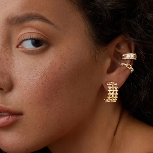 FETTERO Split Hoop Earrings 14K Gold Plated Chunky Hoop Earrings for Women Dainty Hypoallergenic Half Hoop Earring Jewelry Triple Hoop Earrings