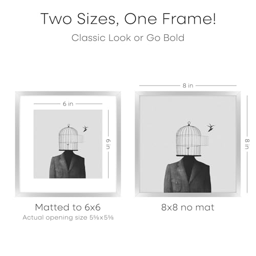 Image of Homeforia 8x8 Silver Picture Frame, High End Metal 8 x 8 Square Frames with Mat 6 by 6 Photo, 8x8 Brass Frame Matted to 6x6 inch Print, 8by8 Wall or Tabletop Frames, Tempered Glass, Wall Kit, Set of 1