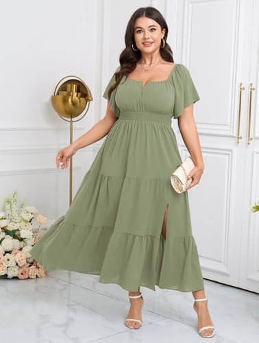 Image of SCOMCHIC Womens Plus Size Maxi Dress Formal Short Sleeve Square Neck Smocked Side Split Flowy A Line Tiered Long Dress