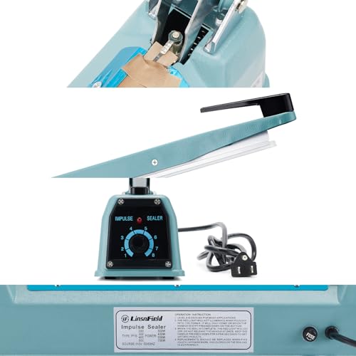 LinsnField Commercial Bag Sealers 12 inch, 2mm Sealing Width Iron Impulse Sealer, Heavy Duty Manual Shrink Wrap Heat Sealer Machine with 1 Replacement Kits 2 Fuses, Blue