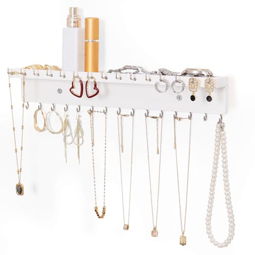 NIUBEST Organizador para collares de pared, organizador de joyas con 30 ganchos, organizador de joyas de roble y almacenamiento para collares, pulseras y anillos (blanco)