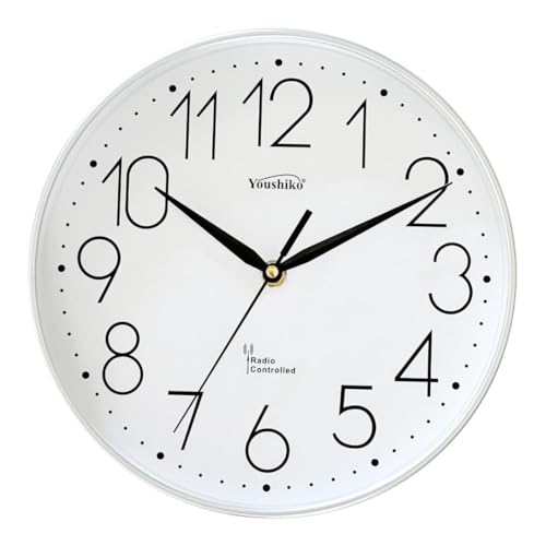 Image of Youshiko Radio Controlled Wall Clock (Official UK & Ireland Version), Stylish Black & White Bold Classic Design (25cm / 10-Inch Diameter), Home/Kitchen/Office/School Clock, Easy to Read (Silver)