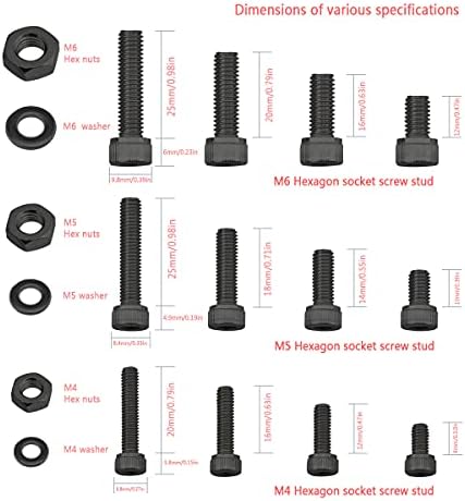 Lemiyoo Hex Head Bolts Screws and Nuts Set,420 Pcs M4,M5,M6 Round Head Machine Screws Assortment Kit with Matching External Hex Nuts and Washers, with 3 Socket Wrenches (Black)