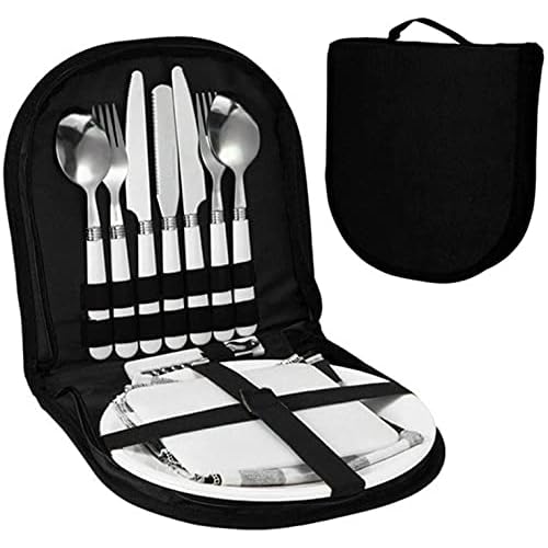 Offfay Camping Cutlery and Plate Set for 2, Picnic Set for 2 Person, Stainless Steel Camping Utensils with Spoons Forks Plates, Travel Cutlery and Plate for Outdoor Hiking, Backpacking (Black)