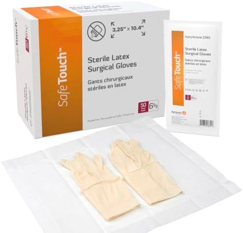 Dynarex SafeTouch Sterile Latex Surgical Gloves - Size 6.5, Box of 50 Pairs