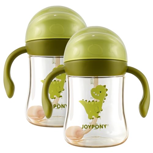 Joypony Sippy Cups for Toddlers 1-3, Spill Proof Weighted Straw Cup with Handle for Baby 6 Months + Old, 2 Pack, Total 4 Silicone Straws, PPSU, BPA Free, 9 oz (Green) by Joypony - Used condition - CA$30.59