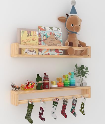 Image of Heimlove Nursery Floating Shelves, Solid Wood Book Shelves for Wall, 24 Inch Bookshelf for Kids, Wall Mounted Shelves for Books,Toys and Decor Storage, Set of 2 (Natural)